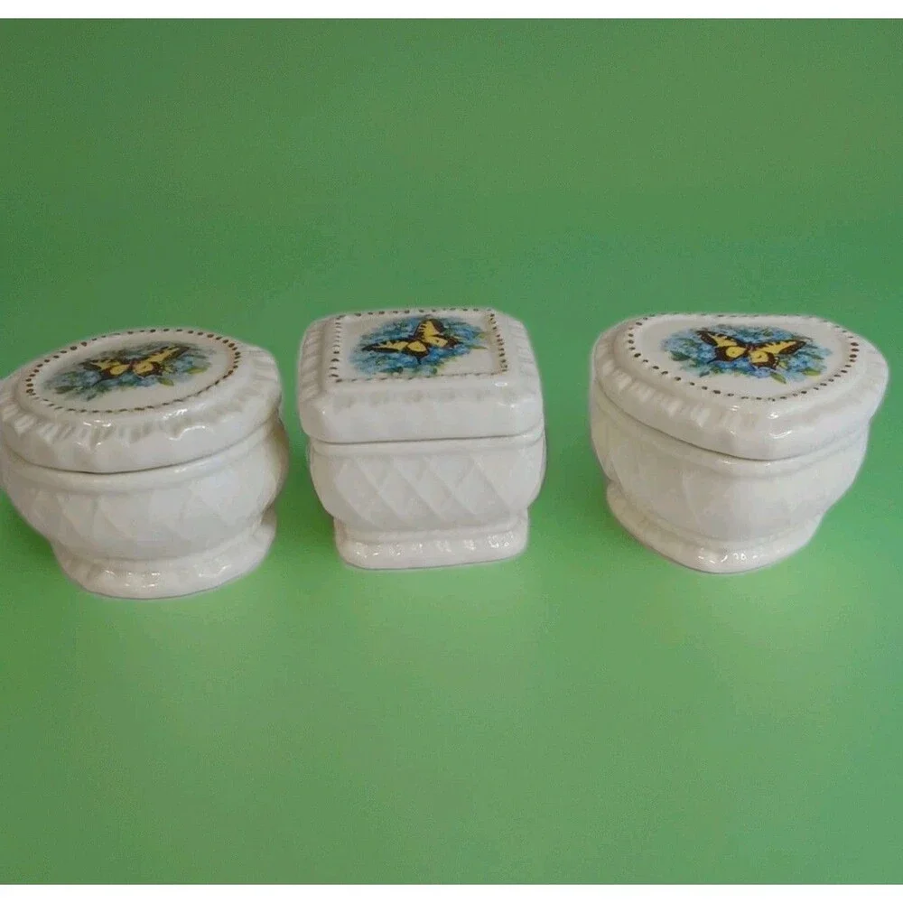 3 Fairy Cottagecore Butterfly Porcelain Ring Box Set Vintage Gold Kitsch Vanity